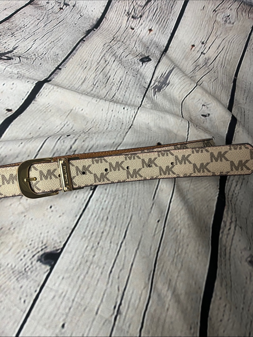 Michael Kors Cream MK Monogram Belt with Gold Hardware